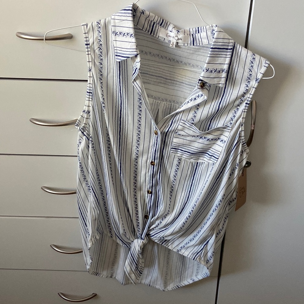 White and blue button up tank top